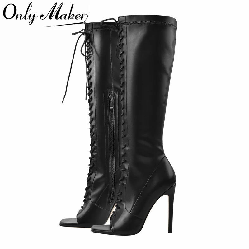

Женские сапоги Onlymaker с открытым квадратным носком, на шнуровке, из искусственной кожи, до колена, на тонком каблуке, с боковой молнией, модные элегантные сапоги