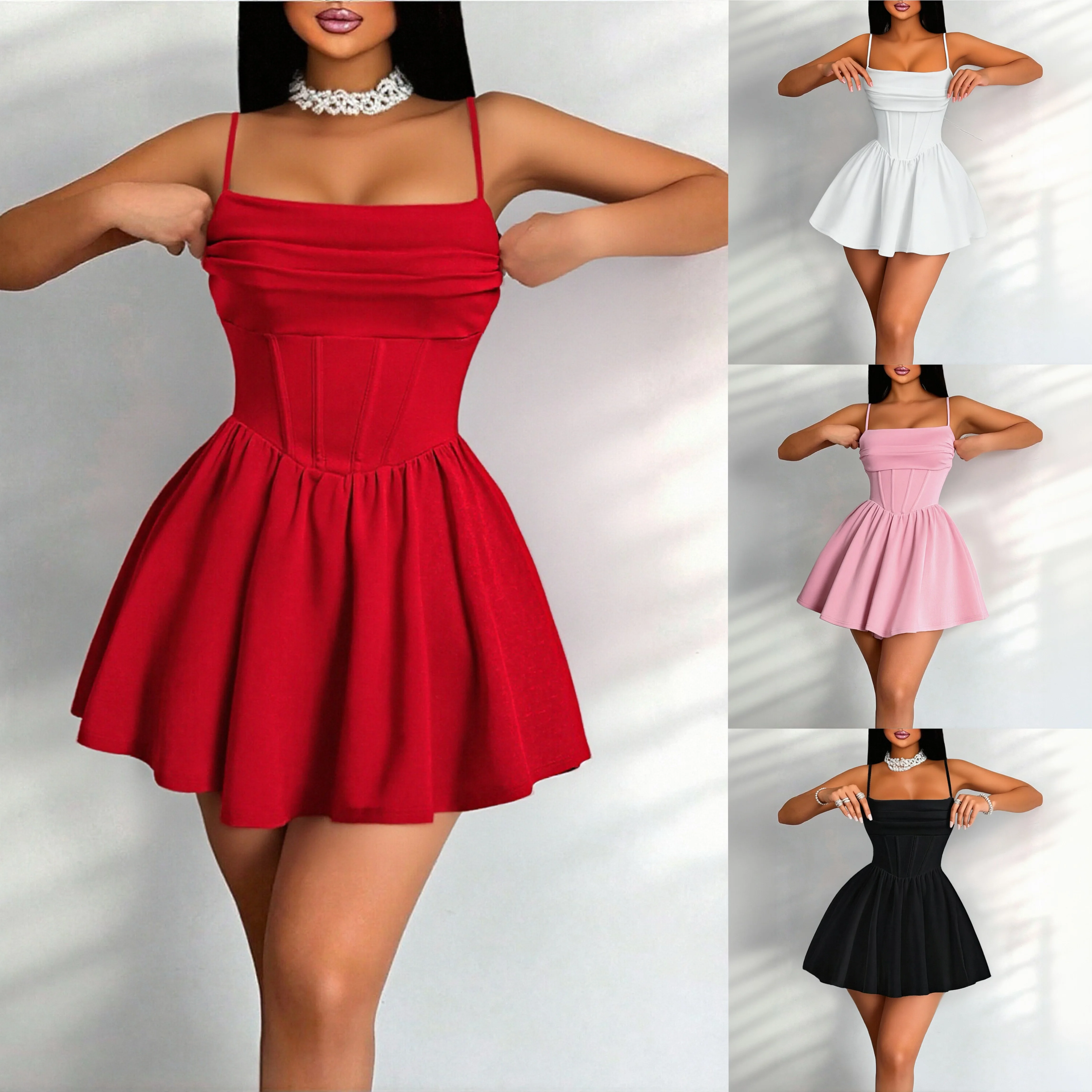 Women's Spaghetti Strap Corset Dress Pleated A Line Fit and Flare Cami Dress