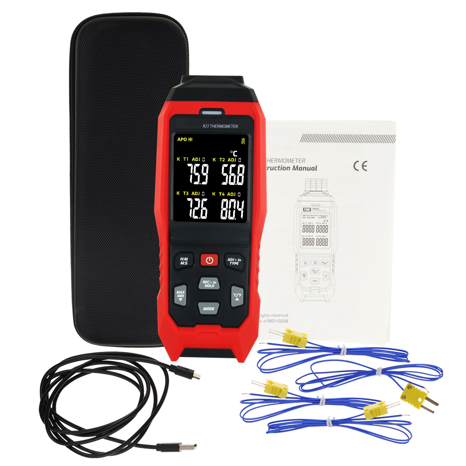 4-Channel Display K/J Datalogger Thermocouple Thermometer Real-Time Data Logging, Audible and Visible Alarm & ADJ Compensation