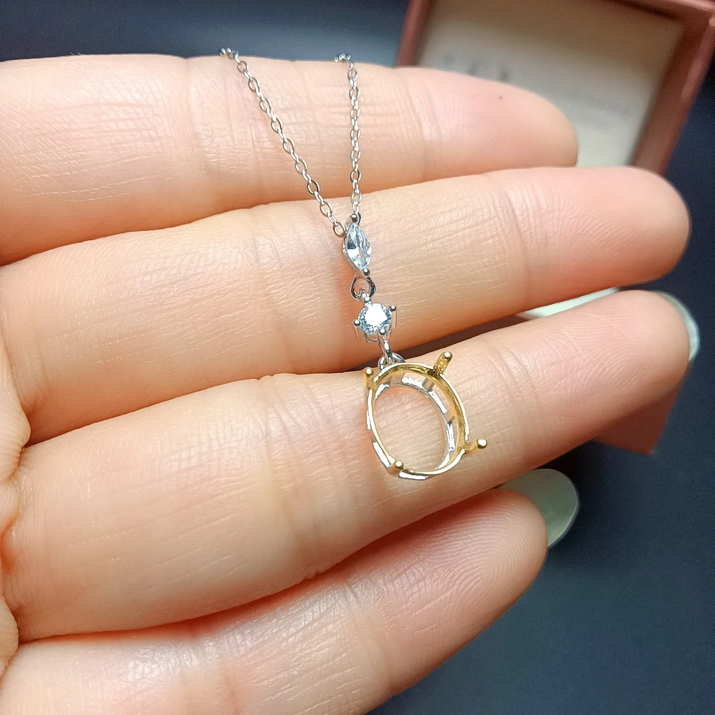 S925 silver pendant with oval shape, 8 * 10mm silver tray plated with 18K white gold, rose gold, and 3 colors for women