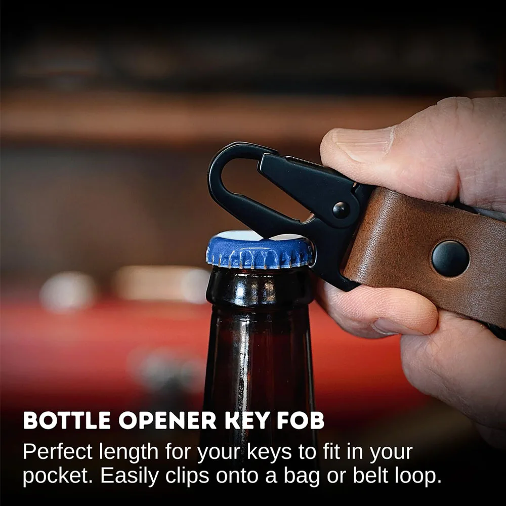 

Bottle Opener Keychain - Blacked Out Tactical Key Fob - Full Grain Leather Keychain, for Work, Hiking, or Just Running Errands