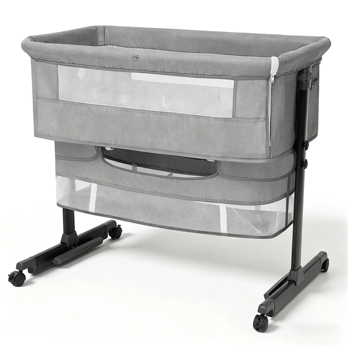Kmaier Baby Bassinet Bedside Crib with Adjustable Height, Breathable Mesh Sides, Wheels and Storage Basket,I-Shape Bedside Sleeper Bassinet for Newborn, Lockable Wheels, 3 Color Options