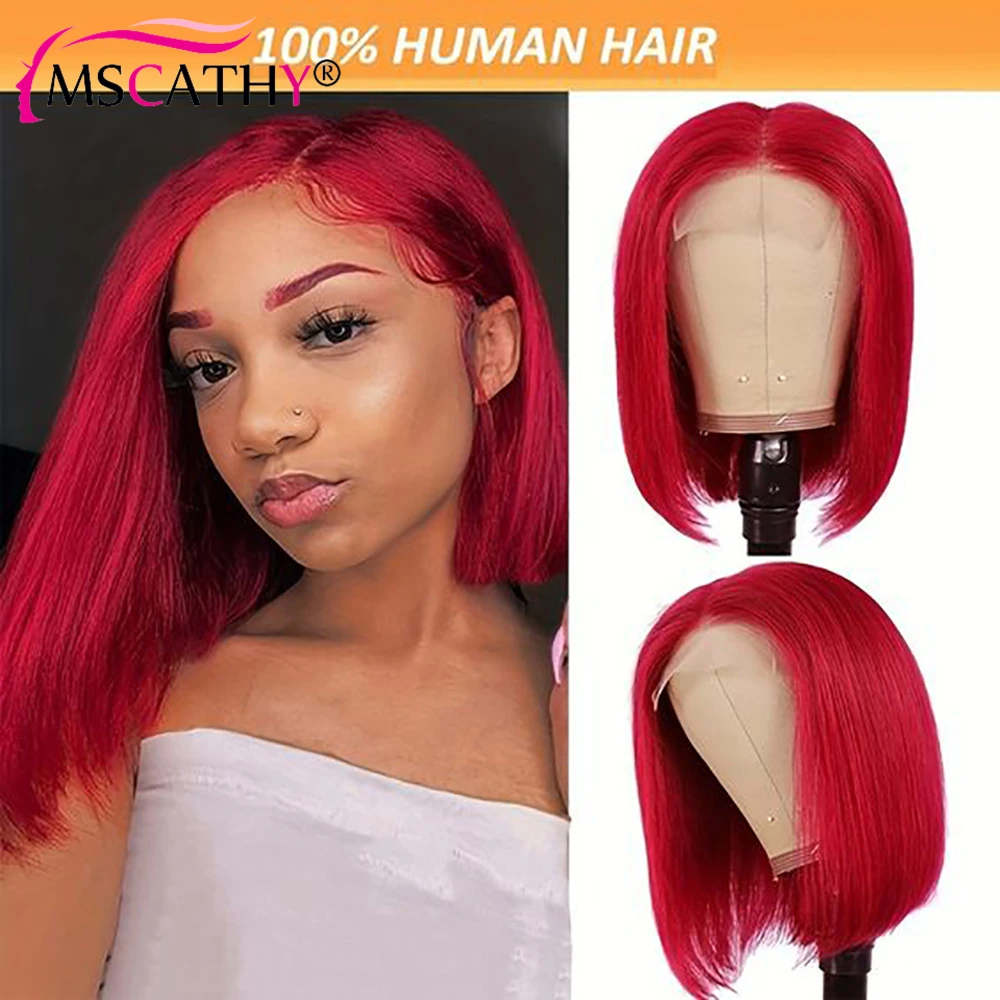 Cherry Red Short Bob Red Wigs Human Hair 13x4 Lace Front Wigs Human Hair Pre Plucked 150% Density Transparent Lace Frontal Wigs