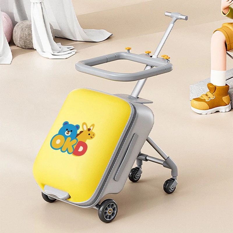 

Cartoon Luggage 2 in 1 Children Can Sit and Ride Not Removable Boarding Boys and Girls Baby Trolley Suitcase with Safety Rails
