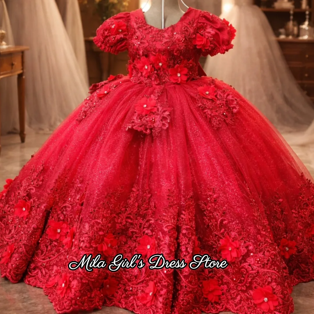 Luxury Red Flower Girl Dress For Wedding Baby Princess Ball Dresses With Sleeves 3D Flowers Lace First Communion Ball Gown