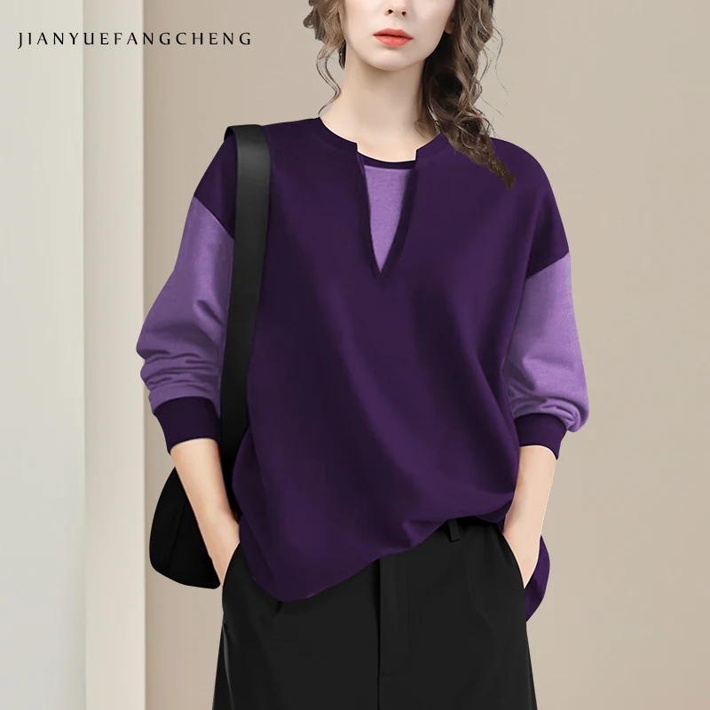 Color Blocking Female Purple Sports Casual Sweatshirt 2025 Spring New Long Sleeve V-Neck Loose Knitted Top Pullovers