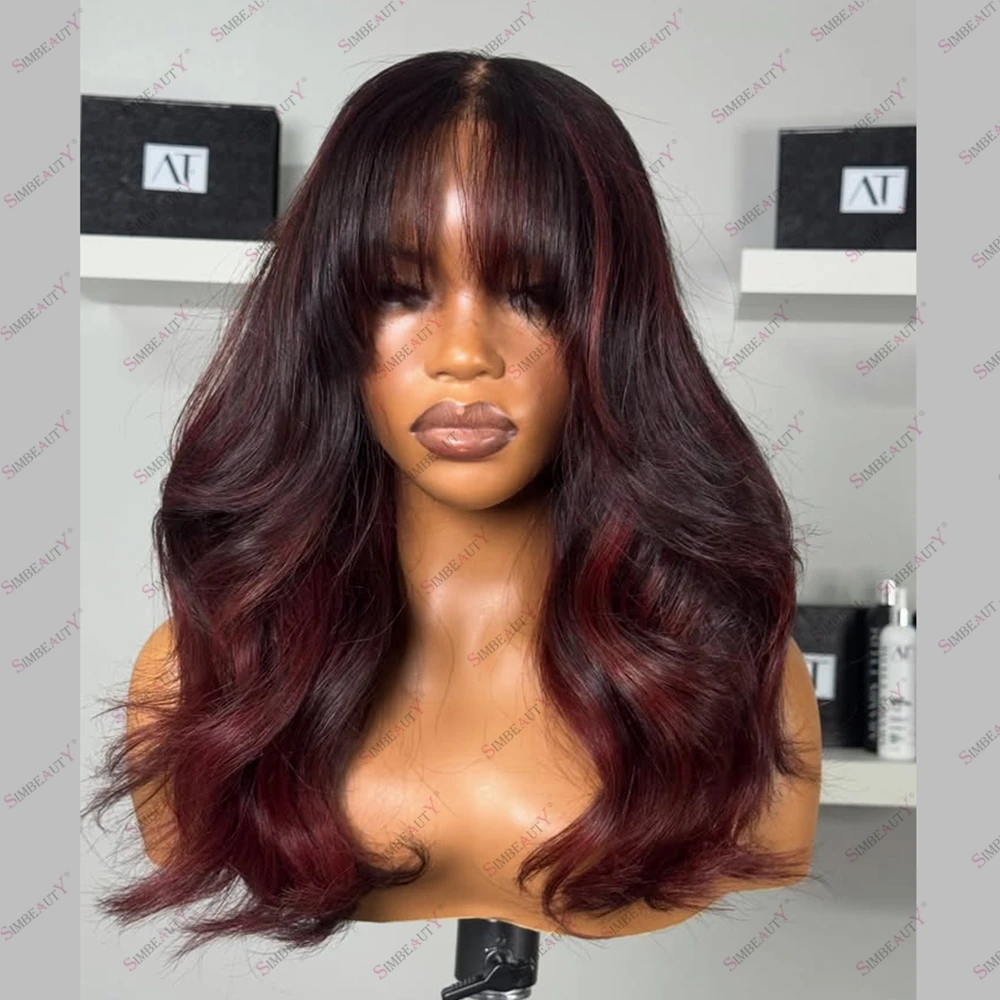 

Парик из индийских натуральных волос Remy с 200% плотностью, бордовым оттенком и прядями-чёлками, для чернокожих женщин, с HD-кружевной застежкой 5x5, без клея