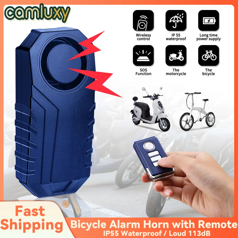 

Camluxy Bicycle Alarm Horn with Remote IP55 Waterproof Anti Theft Bike Alarm Wireless Vibration Motion Sensor Loud 113dB