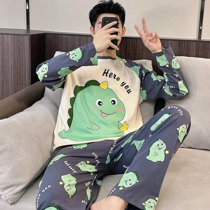 Dinozaur śliczny bawełniany zestaw piżam męskich wiosna z długimi rękawami bielizna nocna męska Homewear młody chłopiec Pijamas Casual Loungewear hombre — zdjęcie 2