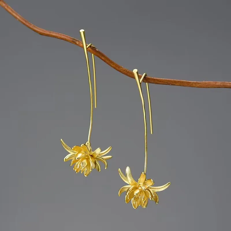 Lotus Fun 18K Gold Night-Blooming Cereus Flower Long Dangle Earrings for Women 925 Sterling Silver Originzl Luxury Fine Jewelry