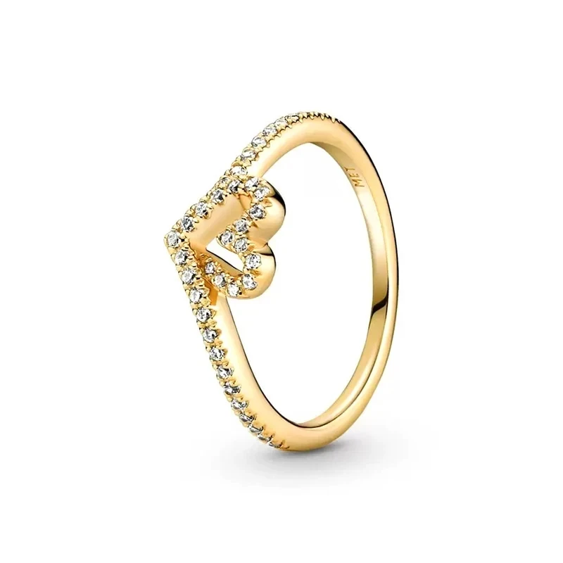 2024 New Gold Plated Ring with Zircon Sparkling Princess Wishbone Heart Shaped Women\'s Original Boutique Jewelry