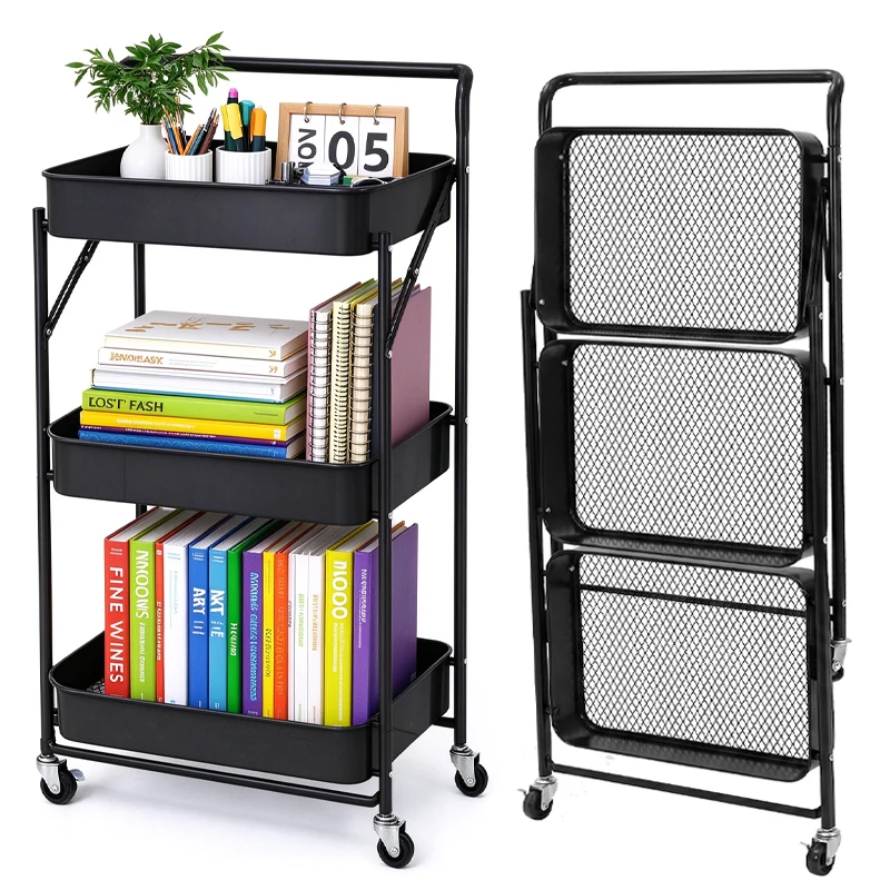 3 Tier Folding Rolling Storage Cart, Metal Mesh Utility Trolley with Handle & Lockable Wheels, Mobile Serving Cart for Snack, Food, Supplies, Perfect for Living Room, Kitchen, Bedroom & Small Space Home Organizati