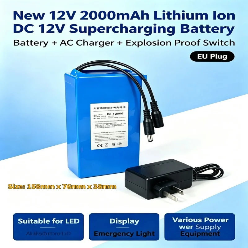 Universelles 12-V-20000-mAh-DC-Lithium-Ionen-Akkupack, wiederaufladbar, mit AC-Ladegerät, Sicherheitsschalter und EU-Stecker für LED-Displays und Notbeleuchtung.