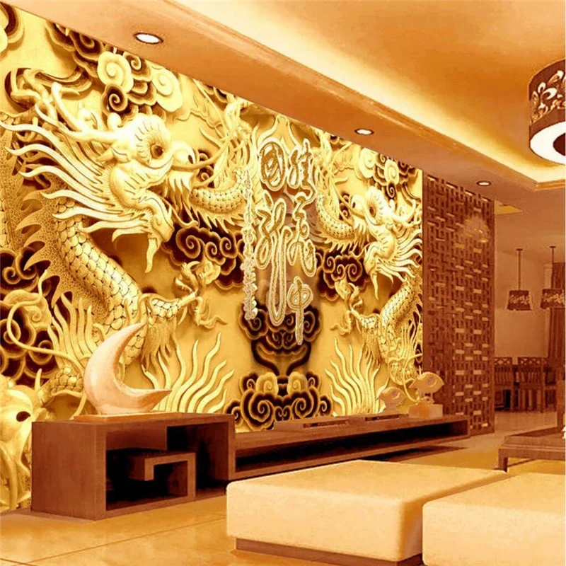 Aangepaste Gouden Draak Foto Papel De Parede 3d Muurschildering Behang Voor Muren 3 D Landschap Huisdecoratie Muurstickers Woonkamer - afbeelding 2
