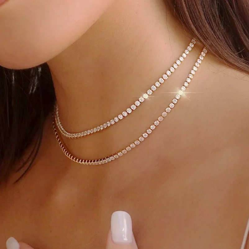 Prosty naszyjnik Iced Out Tennis CZ Choker dla kobiet Mężczyźni Kryształowy krótki łańcuszek na szyję Hip Hop Trend Akcesoria Biżuteria OHN016 — zdjęcie 2