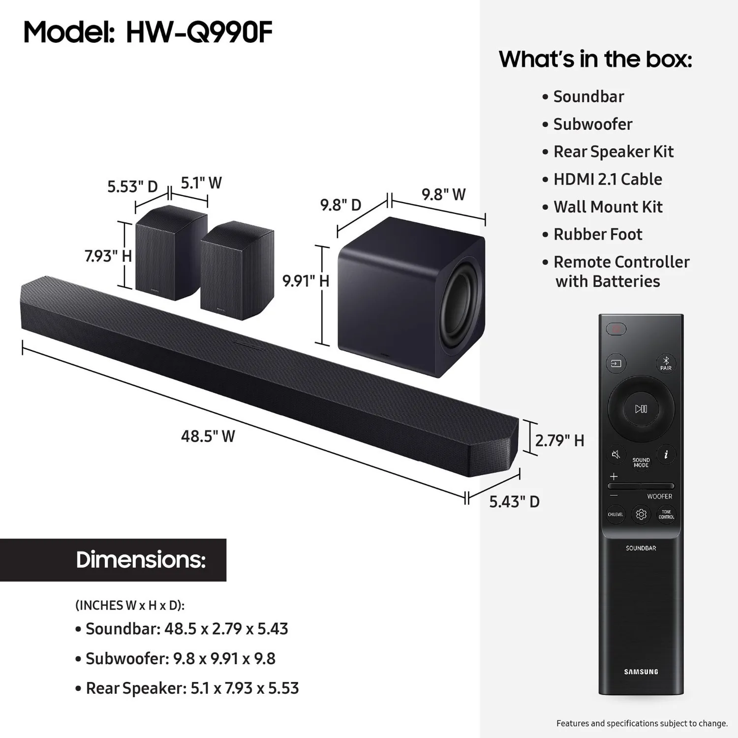 Samsung HW-Q990F 11.1.4Ch Wireless Soundbar System with Dolby Atmos, Subwoofer & Rear Speakers, Q-Symphony, Adaptive Sound, Game Mode Pro