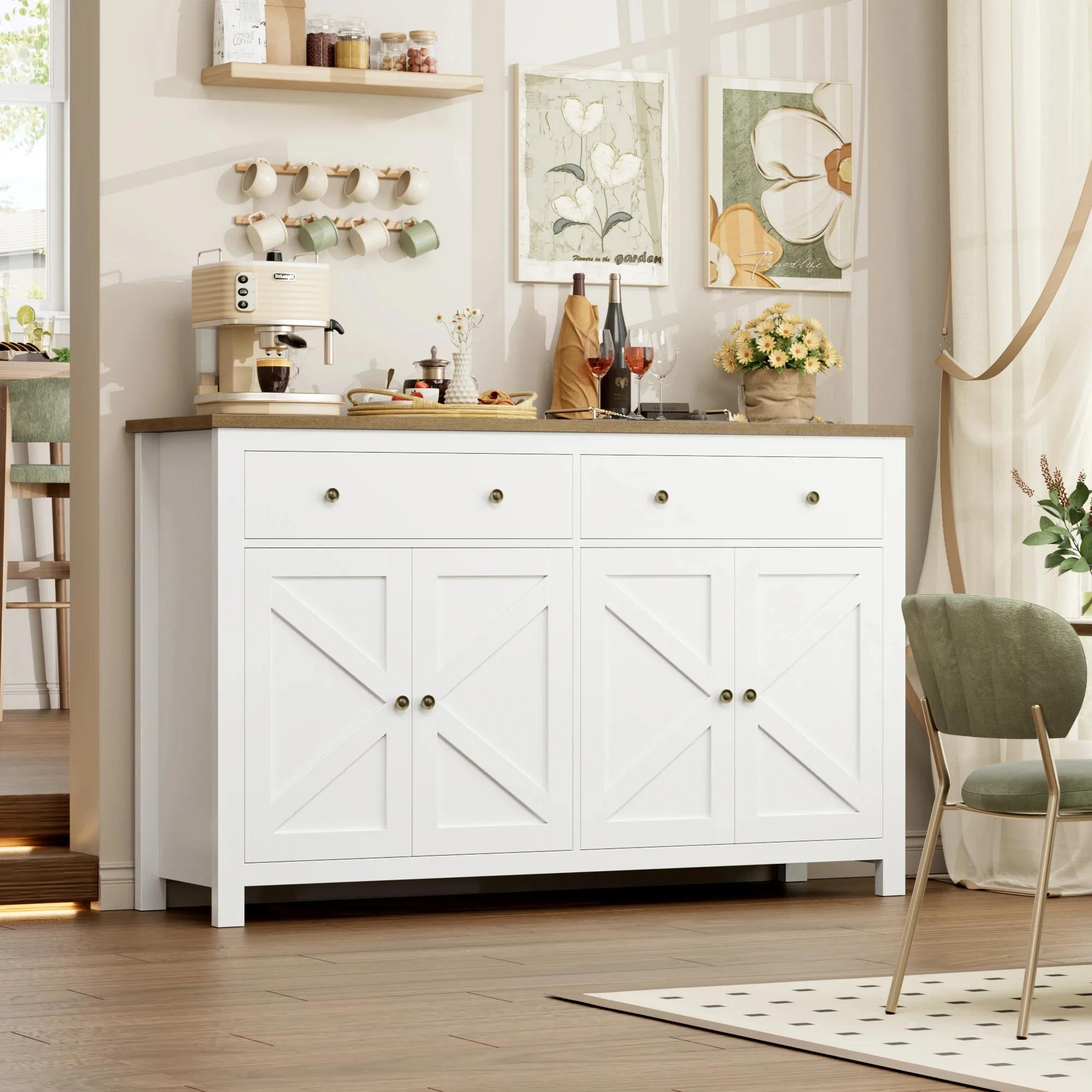 Getone Weißer Sideboard-Aufbewahrungsschrank, 140 cm, großer Küchenschrank für Wohnzimmer und Esszimmer