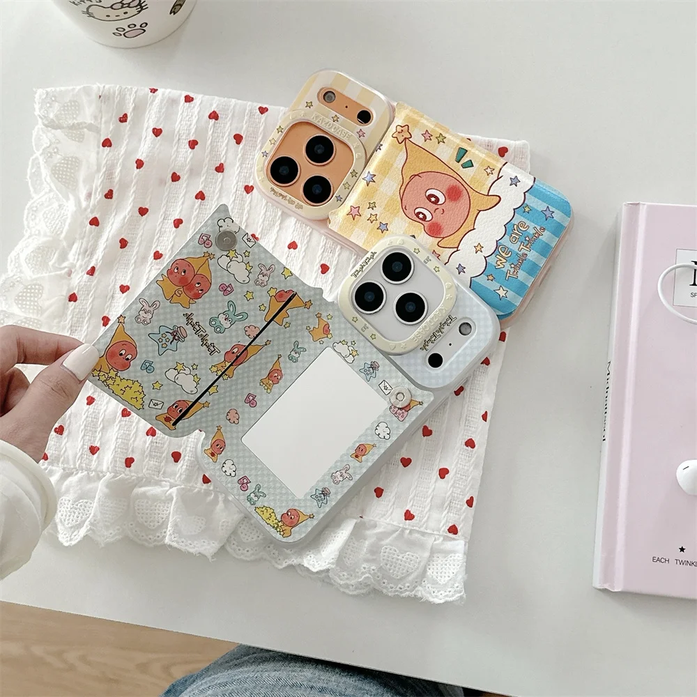 

New Korean Star Man Cartoon Cute Leather Mirror Case, Suitable for iPhone 17/13/14/15/16 Pro Max Anti Drop Protection Case
