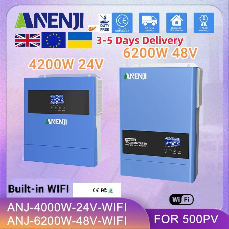 ANENJI 6.2KW 4.2KW Solar Inverter Hybrid 48V 24V Pure Sine Wave OnGrid OffGrid MPPT 120A 100A PV 500VDC Solar Charge Controller