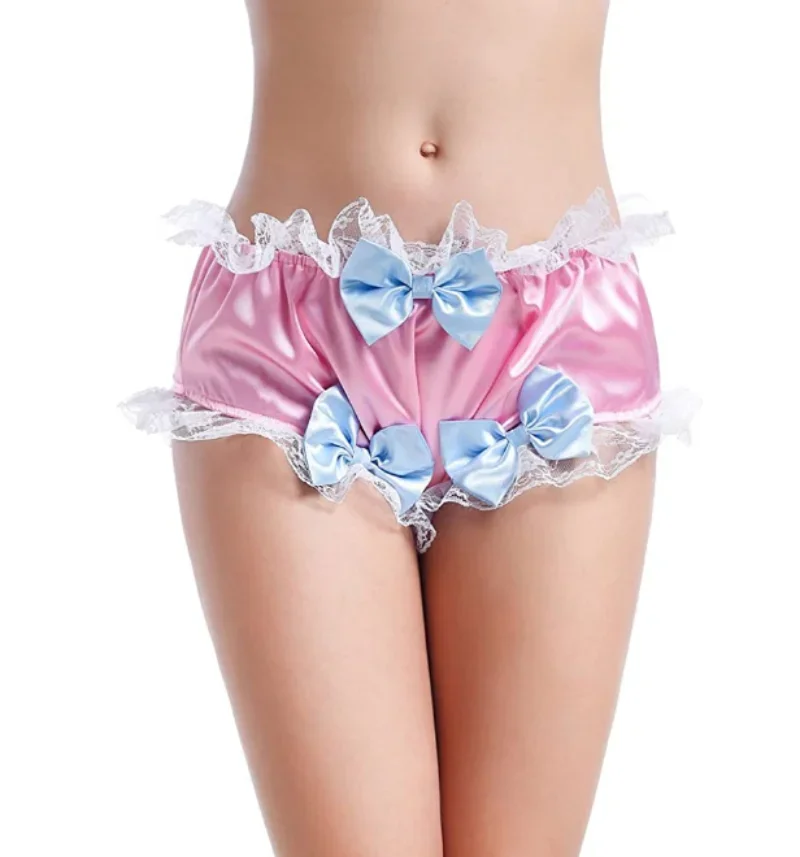 Sissy süße Mädchen Bogen Satin Material Spitze Panel glänzend rosa Dreieck sexy Hosen können in