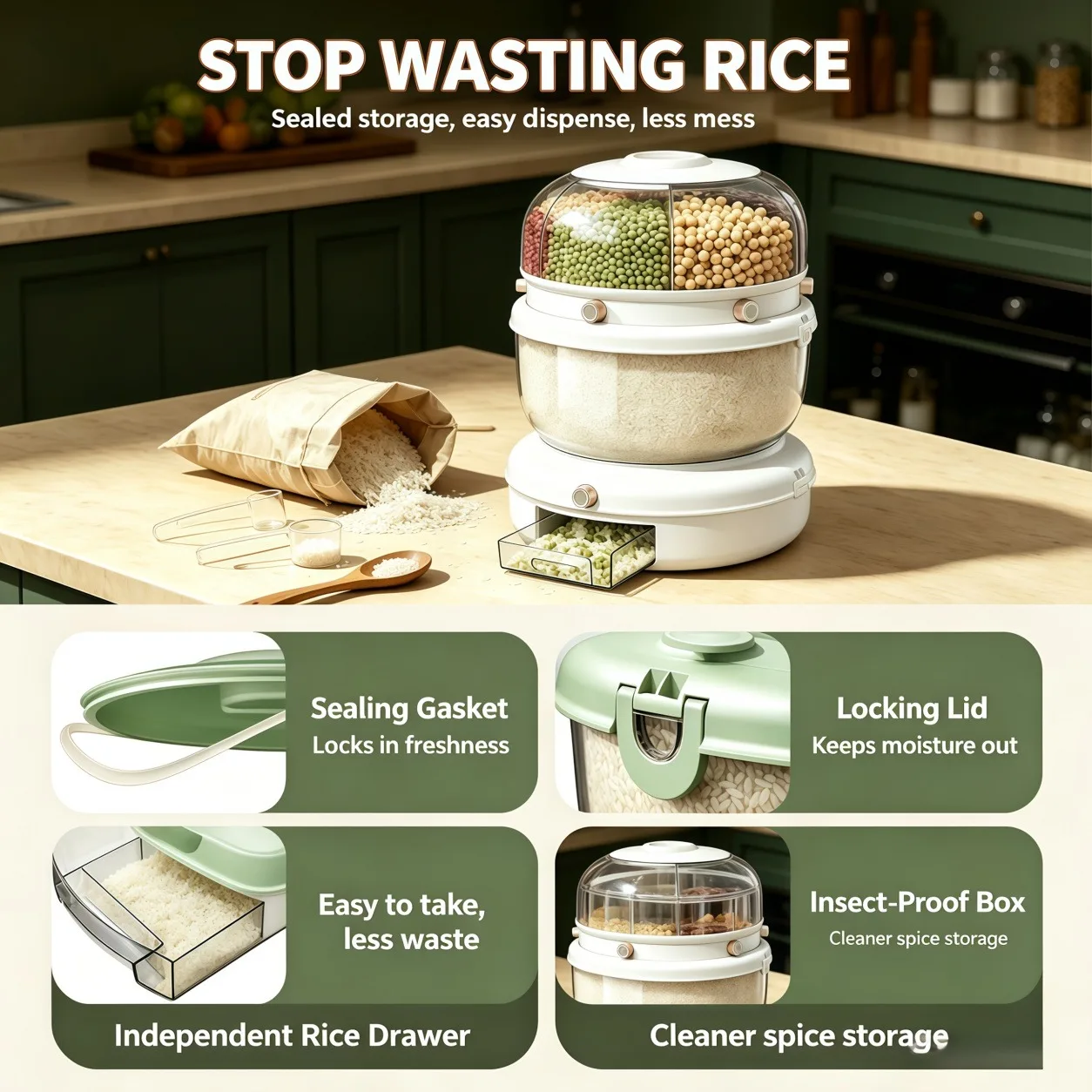 Double-layer, multi-compartment rotatable rice container with a one-touch rice drawer function, airtight grain storage jar, top cover with four compartments, white transparent large-capacity grain storage jar, ideal for storing beans, lentils, rice, and d