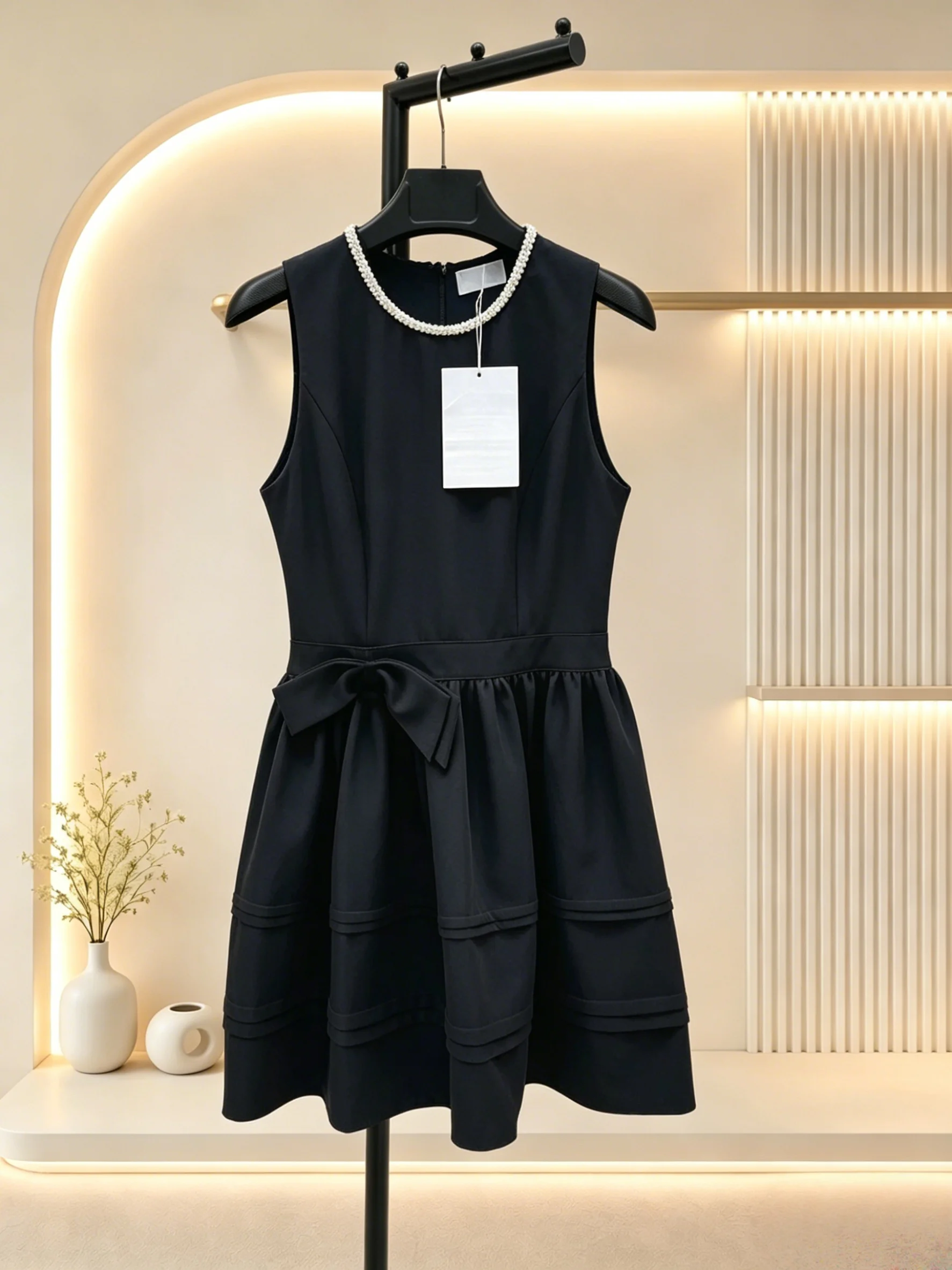 

2026 Women Dress Sleeveless Rhinestone Trim Round Neck Waist Bow Tiered Mini Silhouette