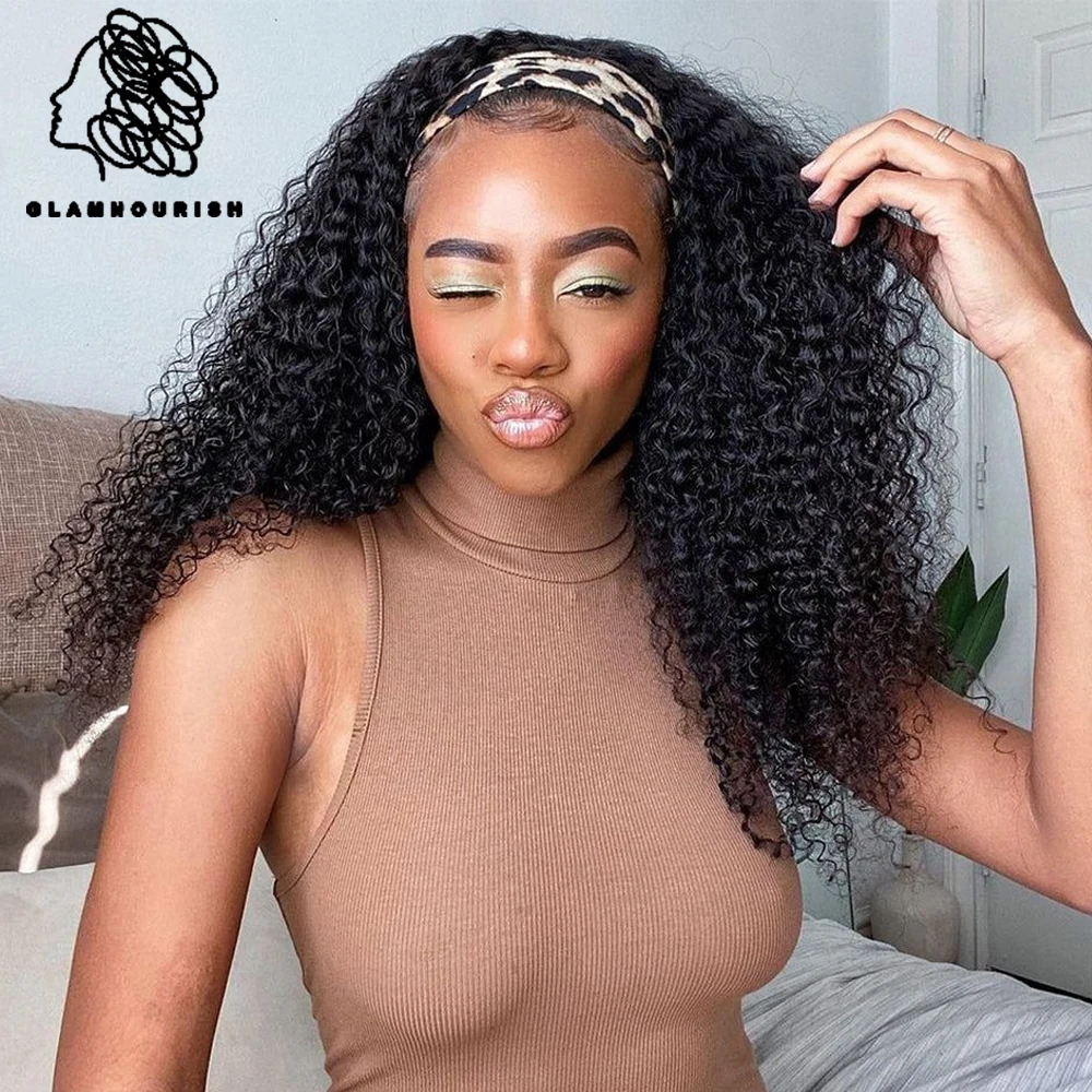 

Kinky Curly Headband Wig Human Hair Wig For Black Women Brazilian Scarf Wig Glueless Remy Water Wave Full Machine Human Hair Wig