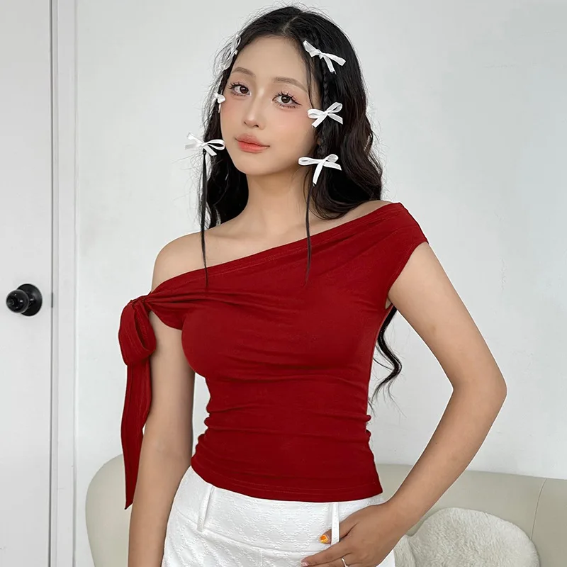 Women One Shoulder Cropped Tops Solid Casual Slim Fit Summer Y2K Pullover Pleated T-Shirt Vintage Elegant Lace Up Female Clothes