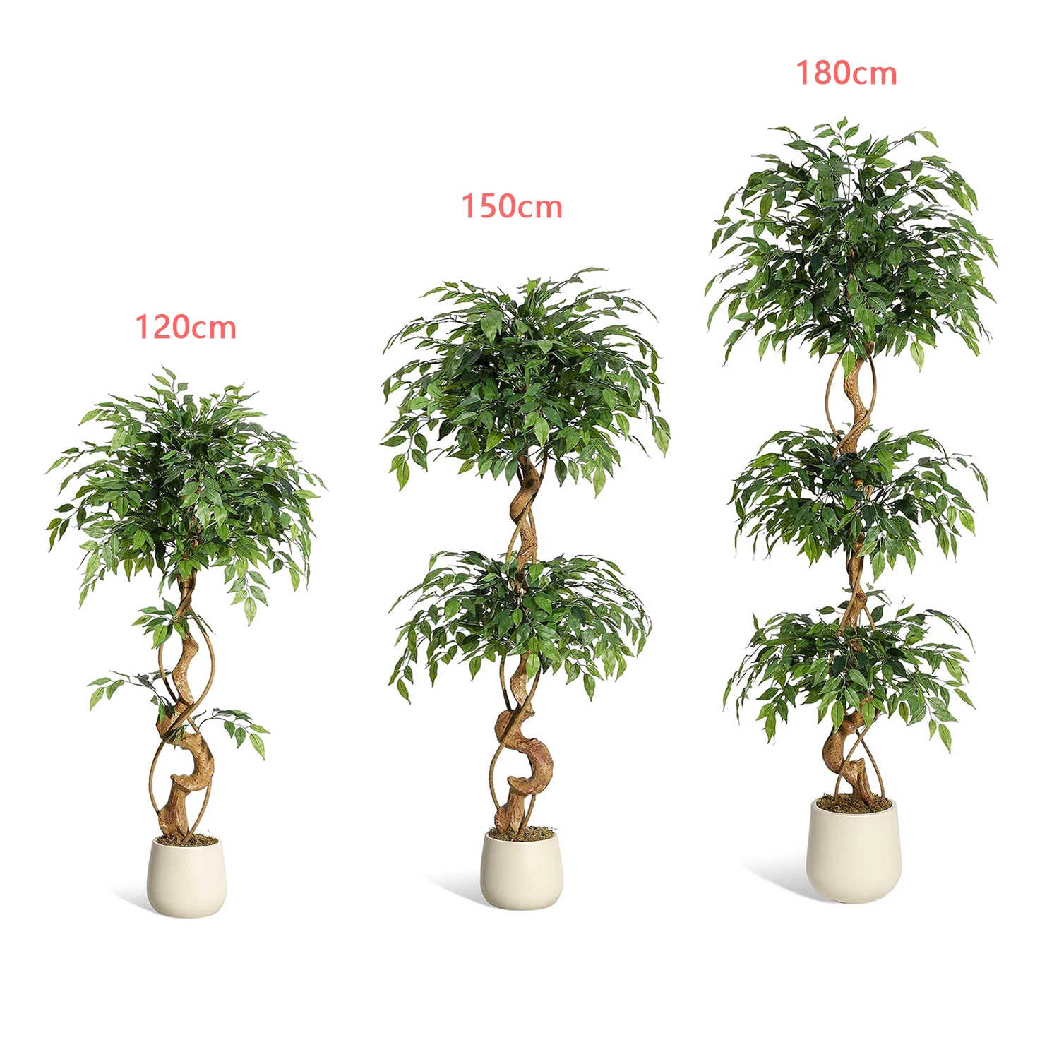 HiMISS 120/150/180cm Künstlicher Ficus-Baum, Realistische Kunstseidenpflanze mit Gebogenen Stämmen, Weißer Pflanzkübel, Dekorative Innenbegrünung für Wohnzimmer, Büro, Eingangsbereich
