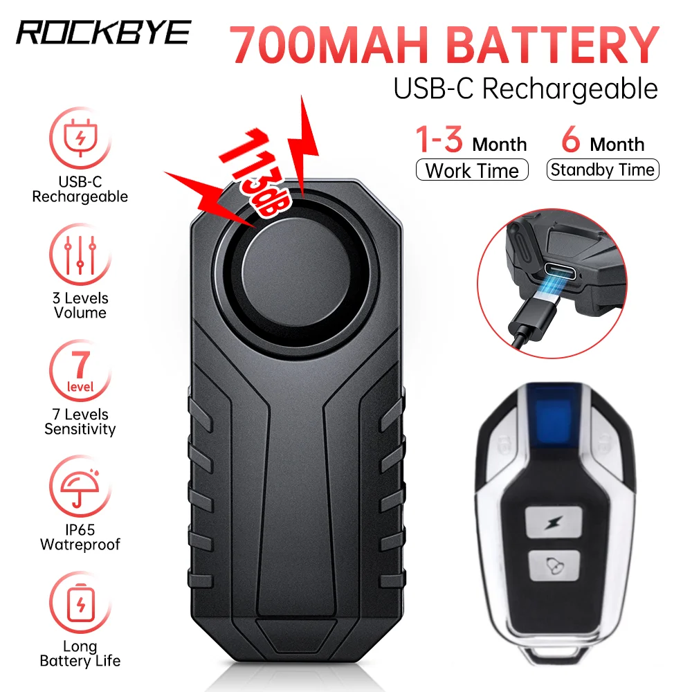 Rockbye Bicycle Burglar Alarm IP65 Waterproof Wireless Remote Control 113dB Type-C Rechargeable Bike Anti-Theft Alarm System