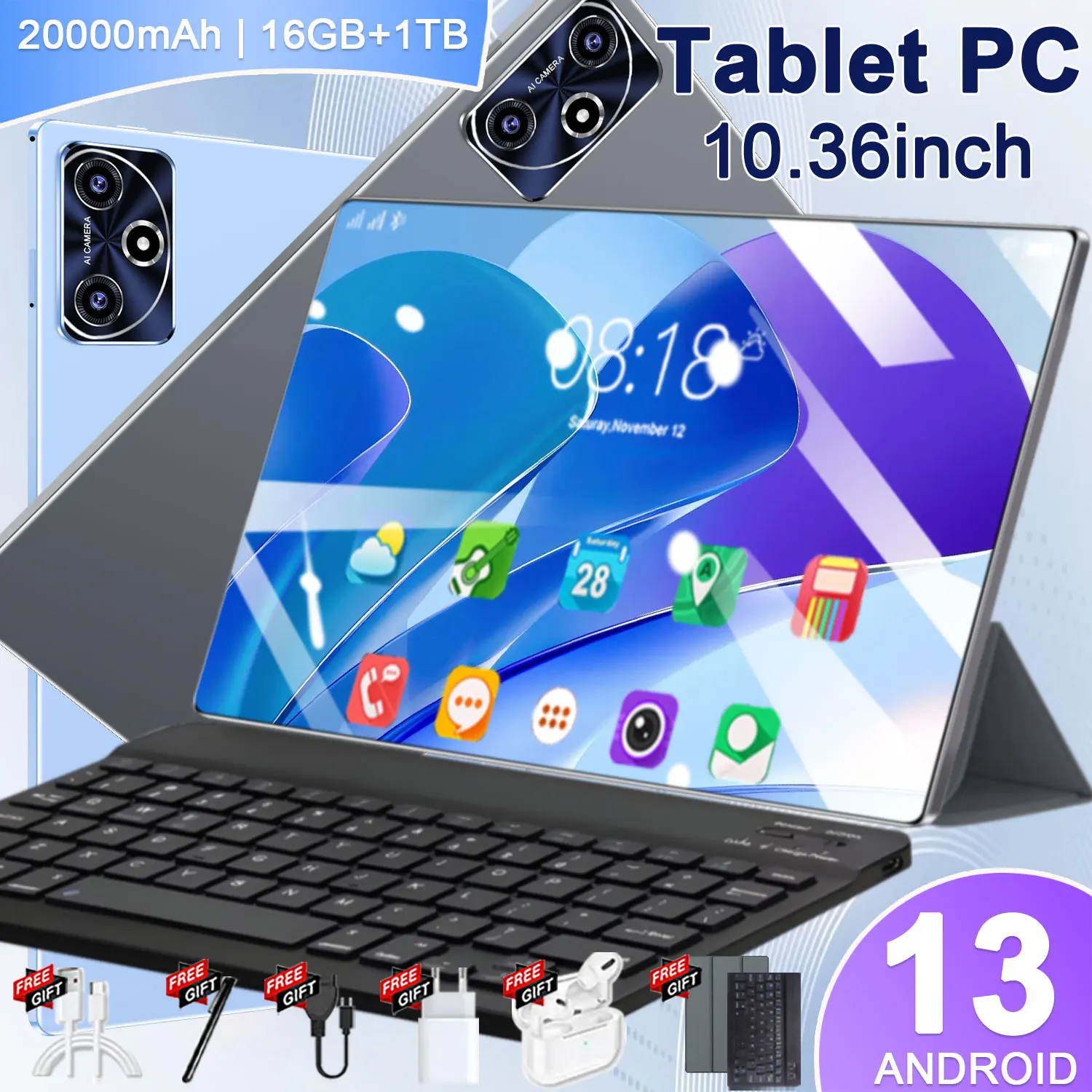 Tablette 10,36 pouces Android 13 16 Go + 1 To 14 cœurs 20000 mAh Bluetooth Étude Jeux Bureau Réseau 5G WIFI Bluetooth
