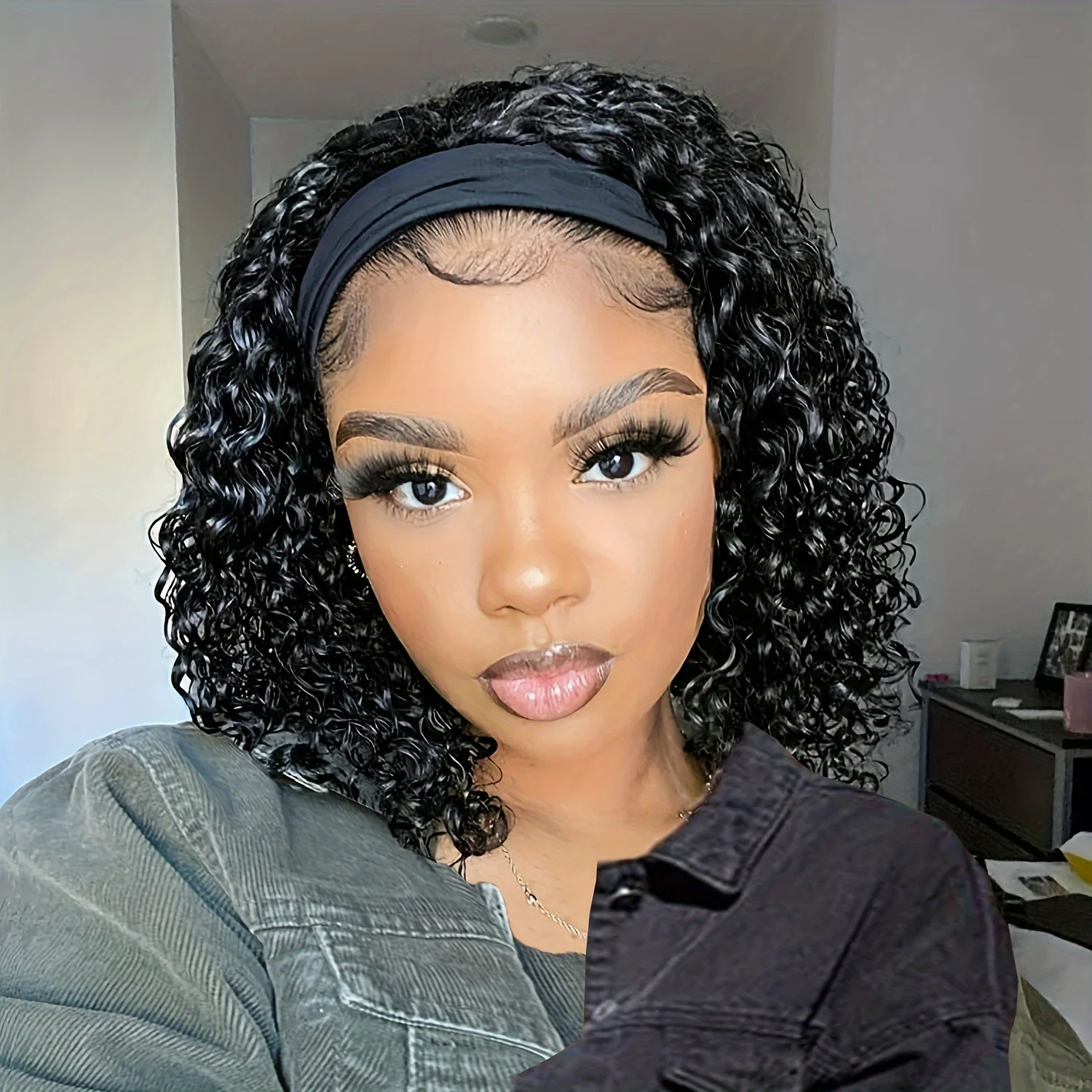 Deep Wave Headband Wig Human Hair Curly Bob Wigs For Women 100% Real Hair Bobo Wigs Full Machine Made Wigs Natural Black Hair