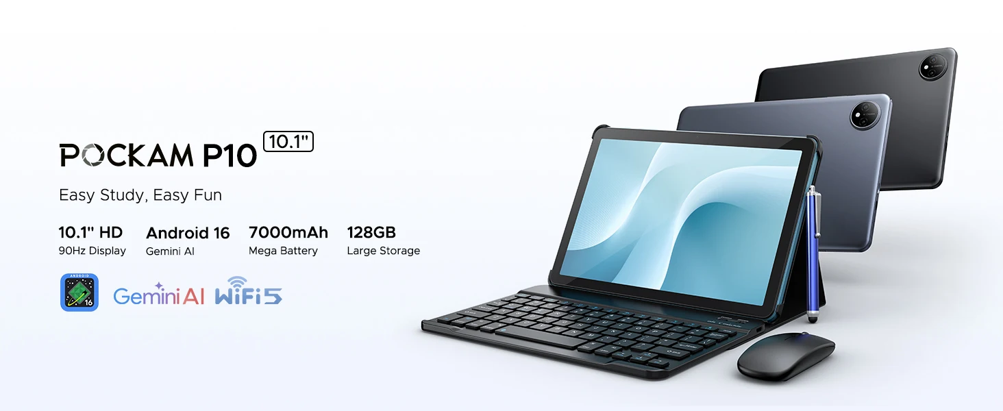 POCKAM P10 Tablet 10.1 "Tablet PC Display 48GB RAM(8GB + 40GB) 128GB ROM 7000mAh Unisoc T310 Android 16 Gemini AI Widevine L1