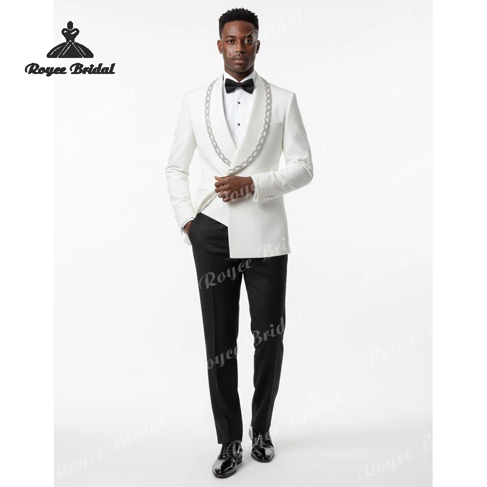 ชุดสูทแต่งงานผู้ชายแบบสองชิ้น กระดุมสองแถว ประดับคริสตัล สำหรับงานปาร์ตี้และงานกลางคืน ปกปิดคอ ทรงเข้ารูป
