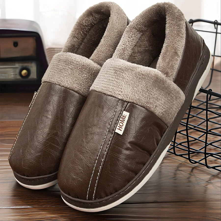 Men\'s Home Slippers Imitation Leather Memory Foam Furry Indoor/Outdoor Shoes Couple Winter Warm Soft Non-slip Slippers Luxury