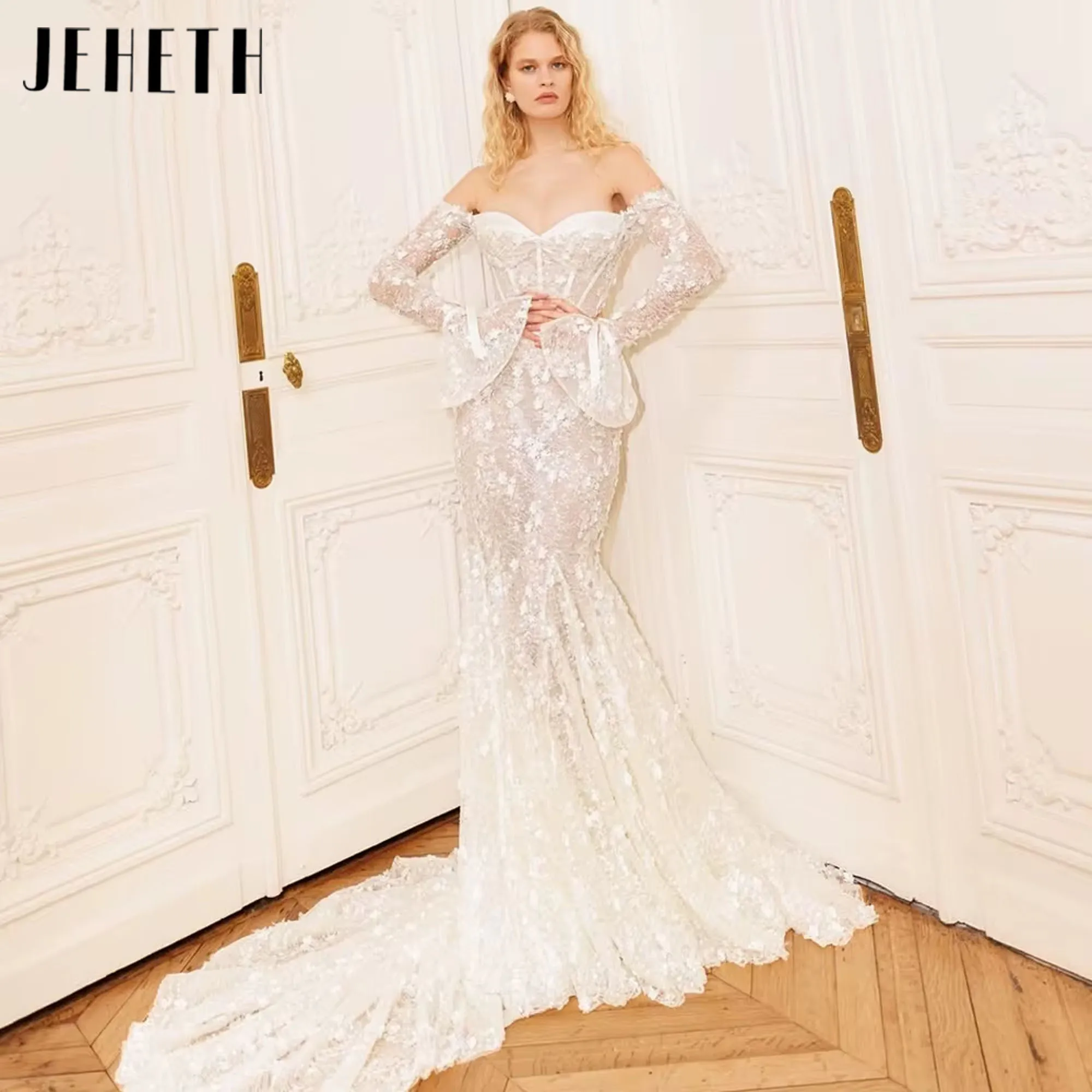 

JEHETH Celebrity Sexy Lace Mermaid Wedding Dresses Off Shoulder Flare Sleeve Sweetheart Neckline Illusion Party Dress Customized