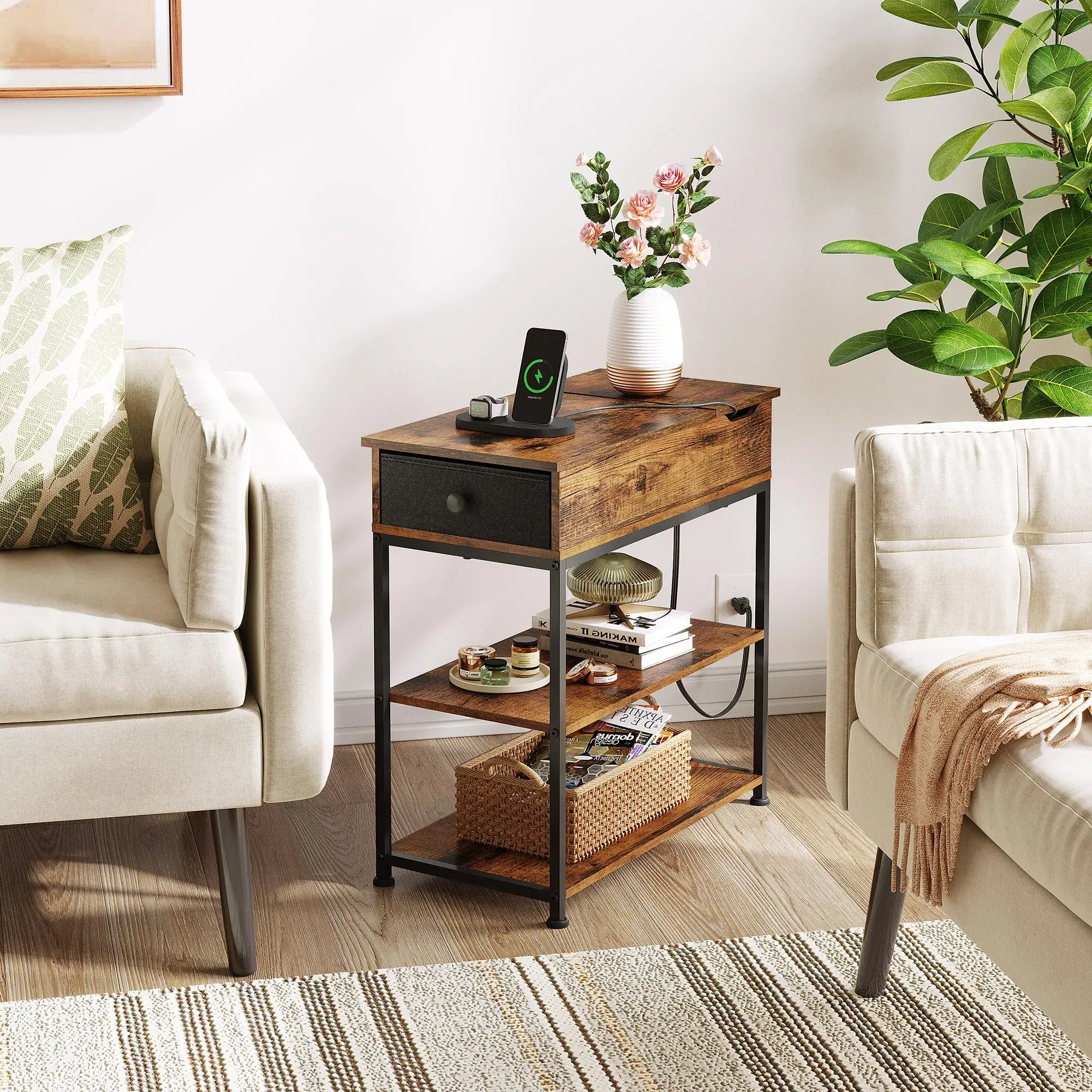 

GALAXHERO Узкий приставной столик с зарядной станцией Торцевой столик для гостиной Диван Приставной столик с ящиком для хранения для спальни