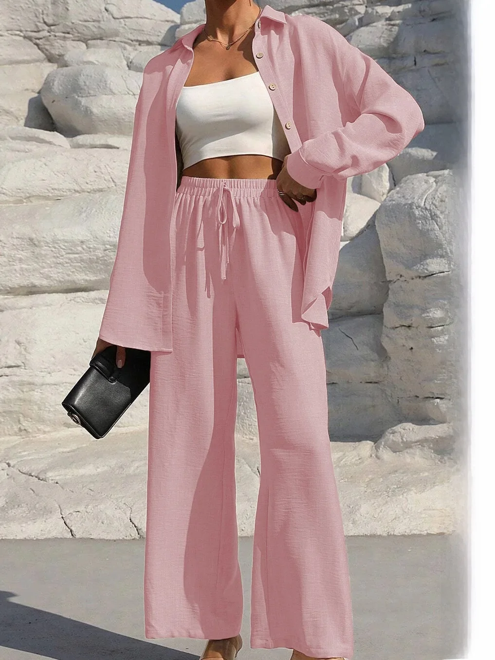 Dames effen overhemd met knoopsluiting aan de voorkant en broek met wijde pijpen, tweedelige set, casual blouse met verlaagde schouder en lange mouwen, top en broek - afbeelding 2