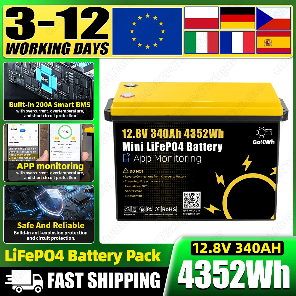 Batterie Lifepo4 12V 100AH 340Ah neuve, grade A, 12.8V, cellule rechargeable au phosphate de fer et de lithium avec contrôle par application, haute capacité, sécurité pour système de stockage d'énergie solaire pour camping-car, livraison rapide