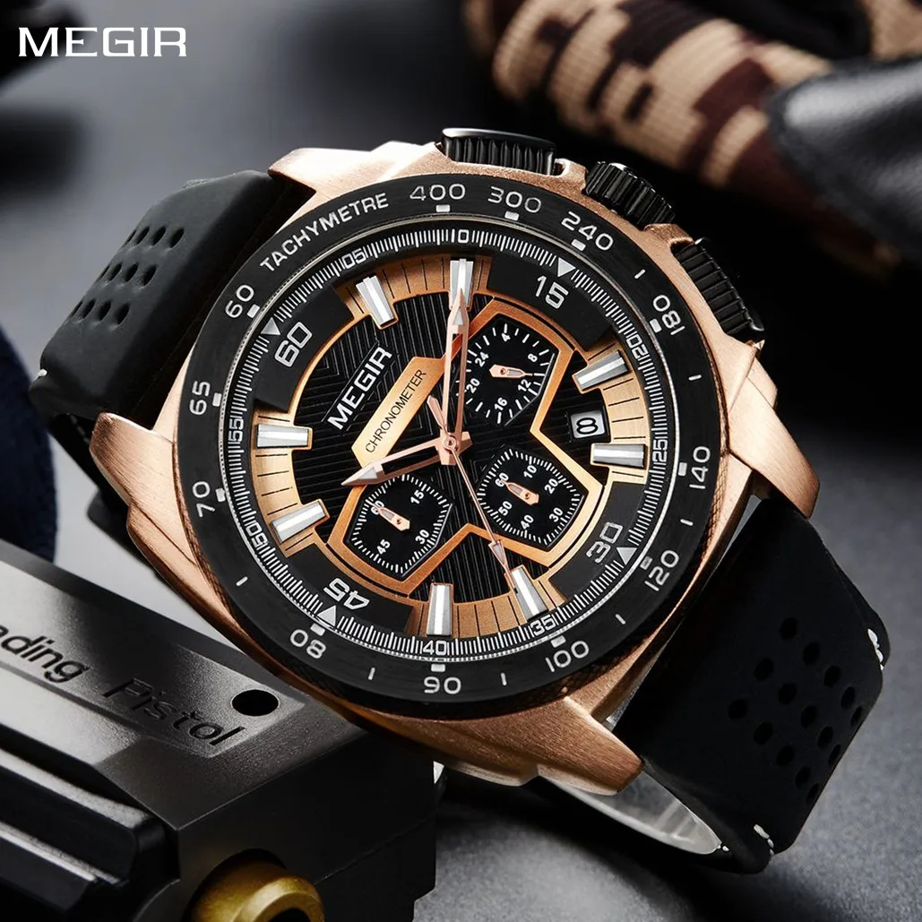 

MEGIR Chronograph Men Sport Watch Fashion Silicone Army Military Watches Relogio Masculino Quartz Wrist Watch Clock Men 2056