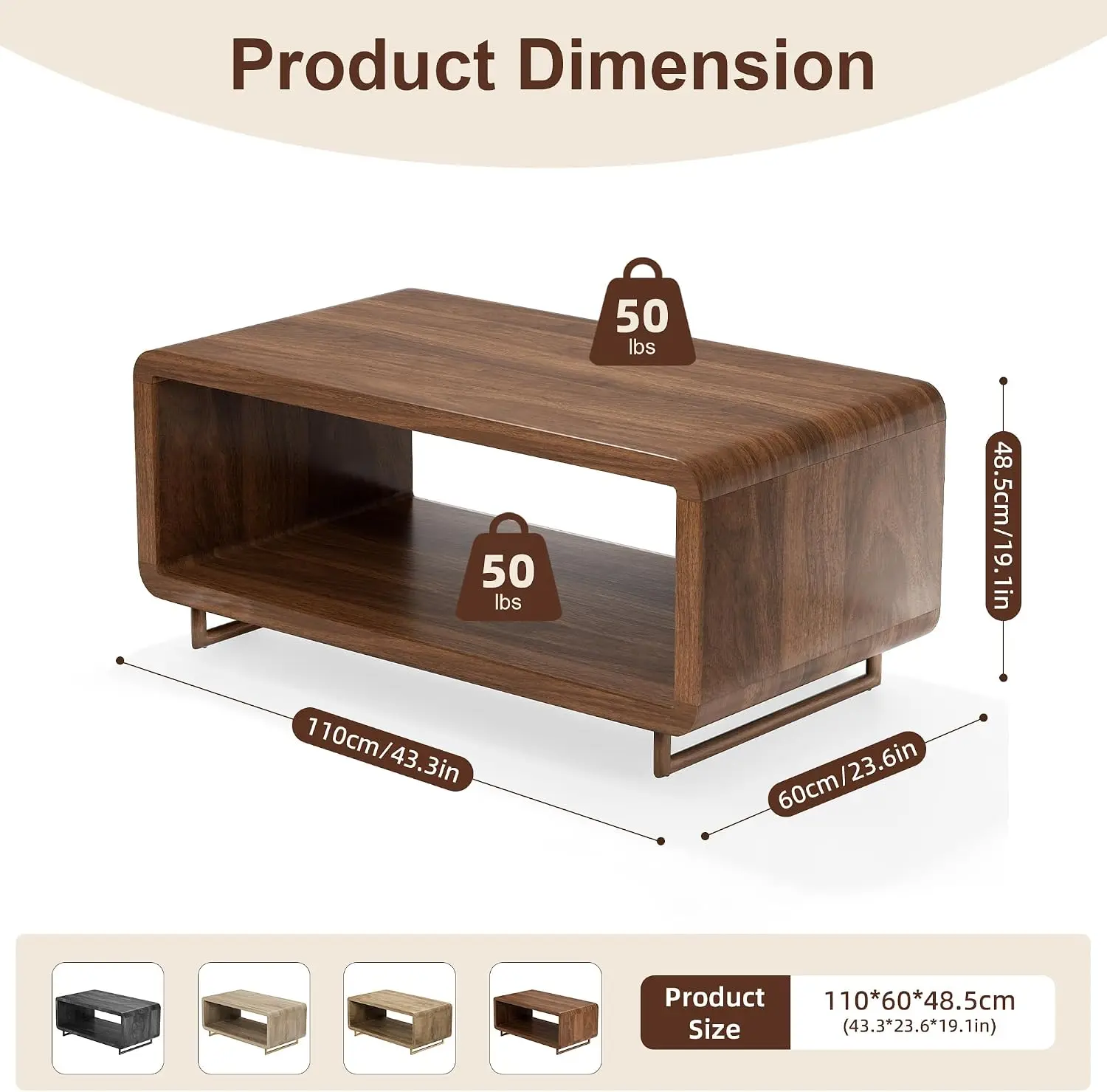 43 Inch Walnut Curved Wood Coffee Table, 2‑Tier Open Storage Shelf Modern Rectangular Center Table for Living Room Home Office Apartment, Space‑Saving, Easy to Assemble & Clean