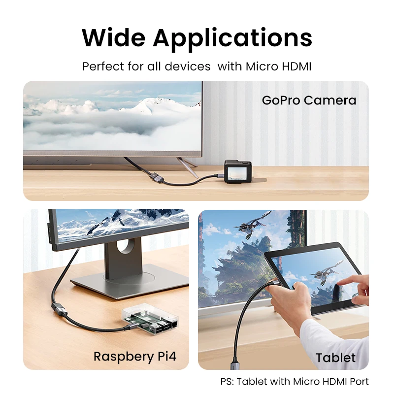UGREEN Micro HDMI to HDMI Adapter 4K/60Hz 3D Micro HDMI to HDMI for GoPro Hero 7 Raspberry Pi 4 Sony Nikon Braided HDMI Cable
