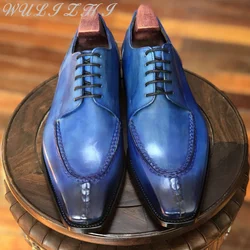 Dark Blue Designer Square Toe Cowhide Business Formal Derby Shoes Imported Leather Sole Men Shoes Handmade Lace Up Wedding Shoes