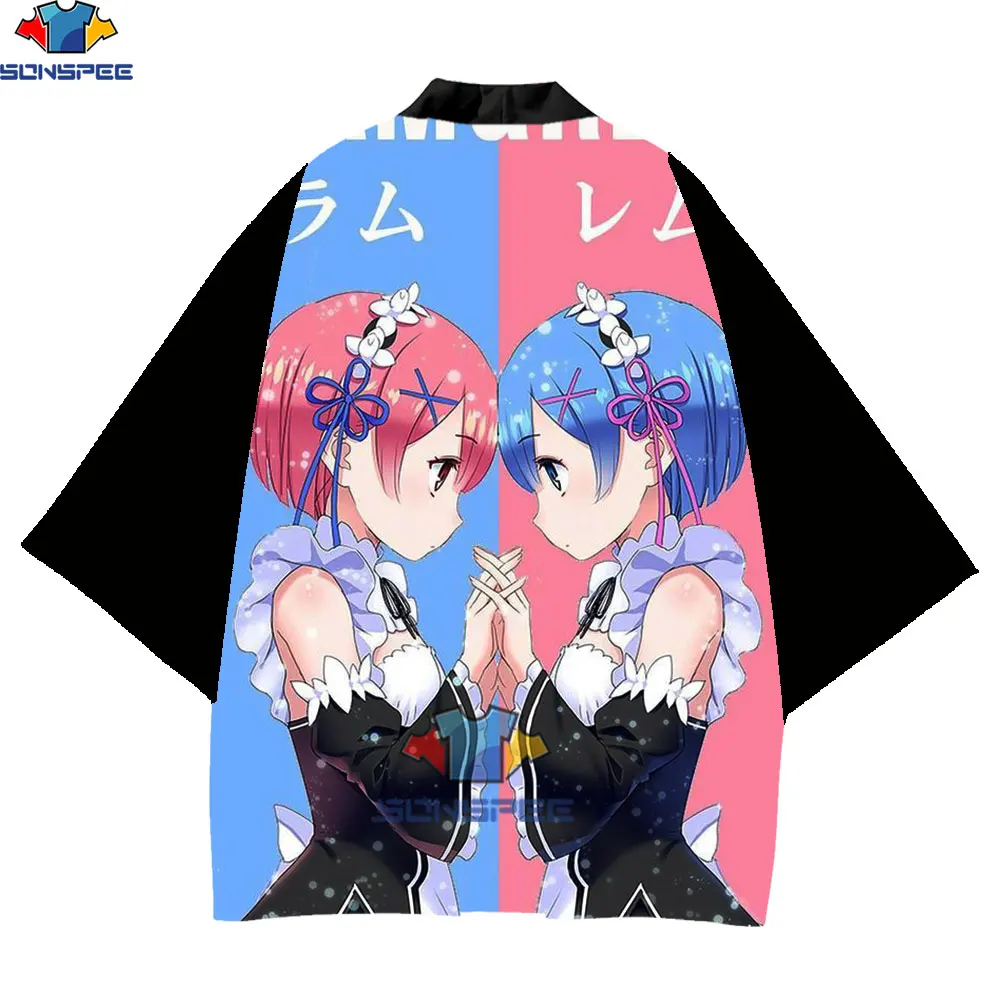 

SONSPEE Asia Kimono Men Sexy Girl Clothing spandex Re zero Twin Sisters Maid Ram Rem Polyest Cardigan Traditional Clothing Male