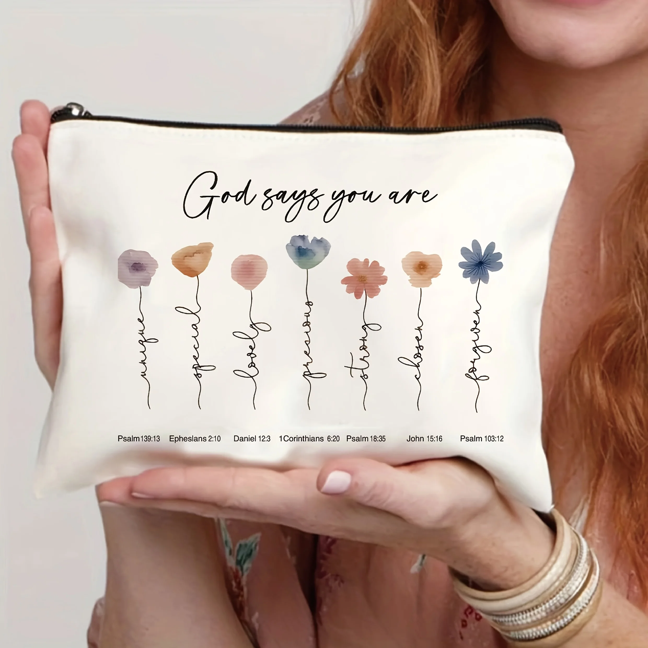 1Pc Inspirational Themed Watercolor Floral and Bible Verse Vintage Design Makeup Bag, Snack Storage Bag, Stationery Storage Bag, Fashionable Toiletry Bag, Canvas Double-Sided Printed Travel Bag