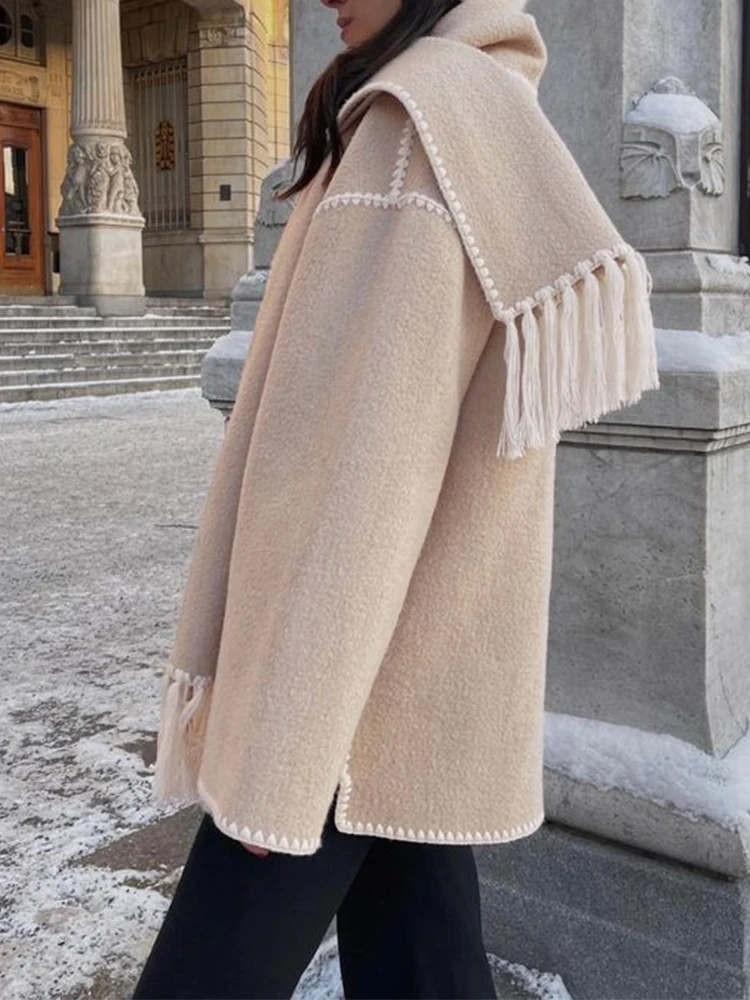 Women Coat Elegant Loose Scarf Chic Fashion Long Sleeve Pocket Single Breasted Quilted Thick Jacket  Winter Lady Jacket Outwear