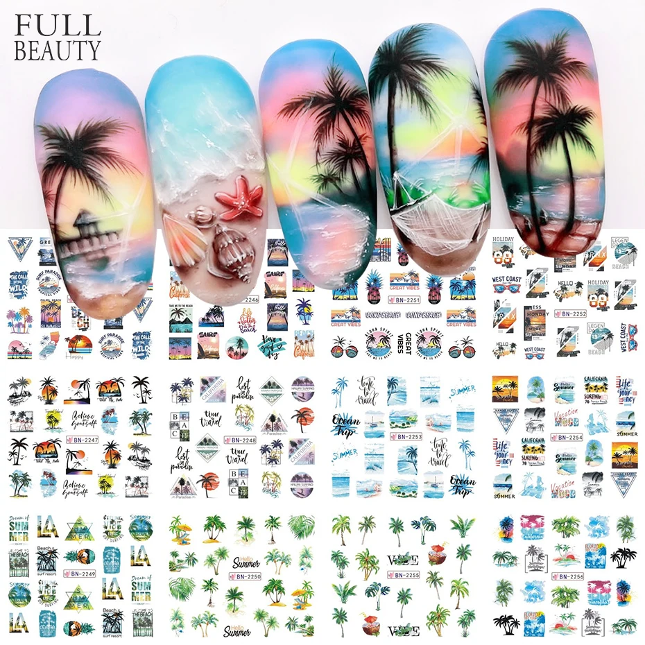 Palm Tree Nail Water Decal Stickers Summer Sea Caribbean Sunset Slider For Manicuring Vacation Nail Art Decoration CHBN2245-2256