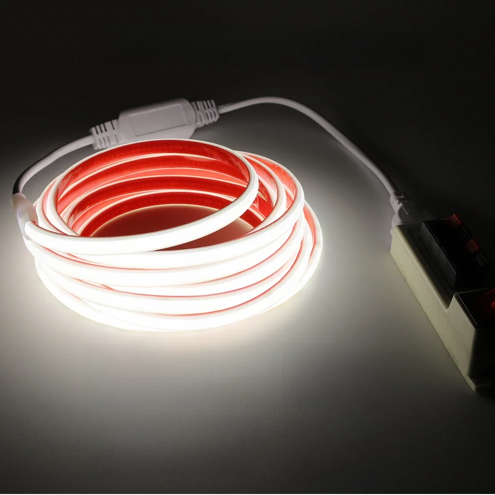 30m 220V étanche COB LED bande lumineuse ruban adhésif prise ue Flex Silicone Tube lampe pour la maison extérieure éclairage de jardin chaud IP68