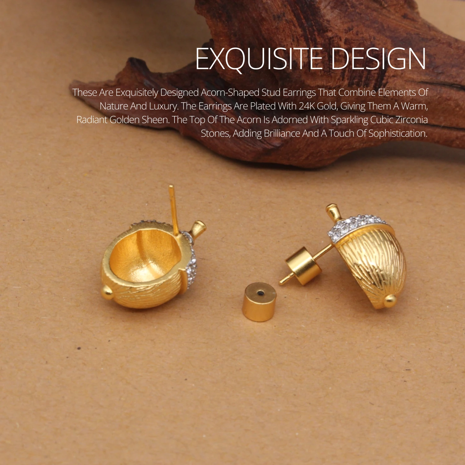 Elegant Acorn-Shaped Stud Earrings 24K Gold-Plated Nature-Inspired Design with Zirconia Perfect for Everyday & Special Occasions