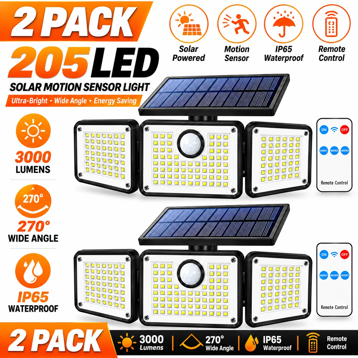 2PCS 205 LED Solar Motion Sensor Lights with Remote Control, 3000LM Outdoor Security Lights, 270° Wide Angle, 3 Lighting Modes, IP65 Waterproof Solar Wall Lights for Garage, Yard, Garden, Porch & Patio